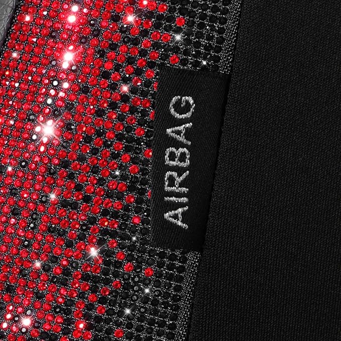 CAR PASS Bling Diamond Black Leather Car Seat Covers for 2 Front Interior Sets, Waterproof Shining Glitter Sparkly Crystal Universal Armrest Fit Automotive Truck SUV Cute Women Girl, Red Rhinestone