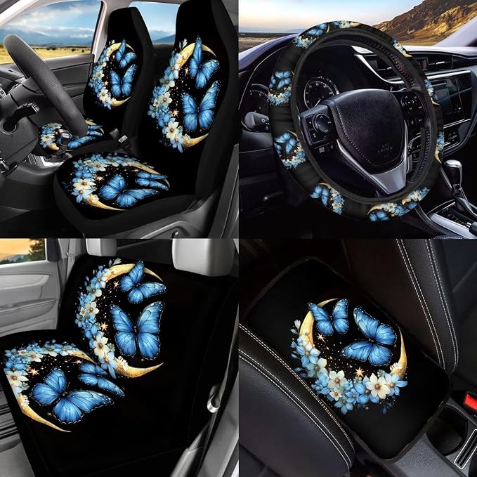 BIGCARJOB 15 Pcs Butterfly Car Interior Sets Moon Butterfly Car Seat Cover Full Set Vehicle Bucket Seat Cover Full Set Trash Can Car Seat Headrest Pillow Cover Seat Belt Pads