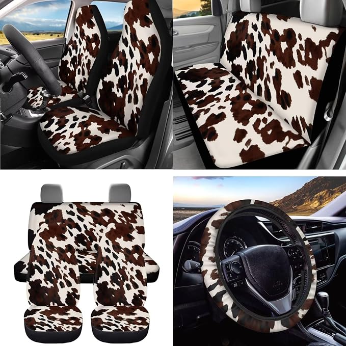 Dreaweet Brown Cow Print Car Seat Covers Full Set for Women Cute Car Accessories Seat Cover with Wheel Cover Seatbelt Covers Car Coasters Trash Bag Vent Storage Bag Rearview Mirror Cover Keychain