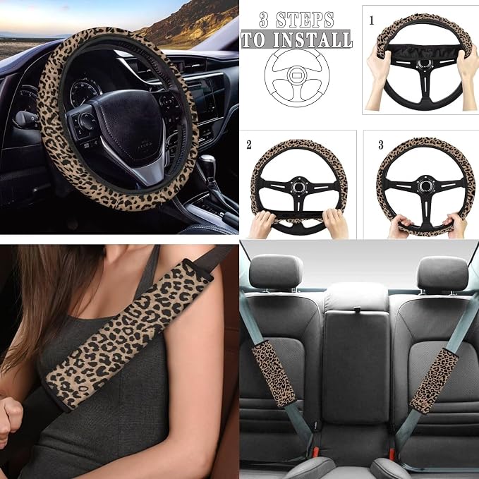 Tupalatus Leopard Universal Auto Accessories for Women,9 PCS Car Seat Covers Gear Shift Knob Cover+Car Handbrake Brake Cover+Seat Belt Shoulder Pads+Car Coaster+Steering Wheel Cover
