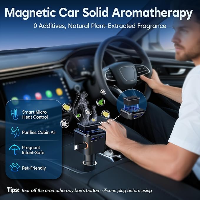 Retractable Car Charger, 6 in 1 Magnetic Cars Solid Aroma Diffuser with 97.5W USB C Fast Charging Car Phone Chargers Adapter, Voltage Display for iPhone 17 16 15 14 & Android—Shop Offers Scent Refills