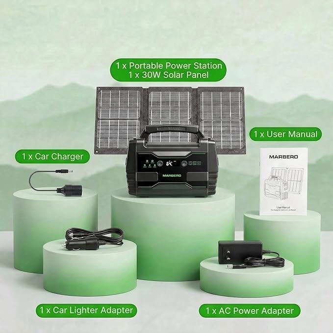 MARBERO Solar Generator 155Wh with 30W Solar Panel Portable Power Station with 2x 100W AC Outlets(Peak 150W), QC3.0 USB UL Certified for Home Blackout, Camping, RV Travel, Ultra-Light & Silent Fan