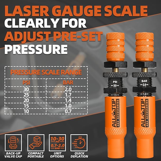 ALL-TOP Adjustable Auto-Stop Tire Deflator Valve Kit (10-30PSI) 8 PCS Tyre Air Down Tool with Screw-On Back-up Valve Caps for Offroad 4x4 (2nd Gen) (Orange, Tire Deflator, 8PCS)