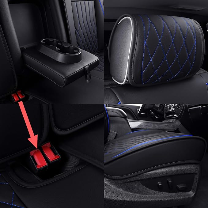 Aierxuan Chevy Silverado GMC Sierra Car Seat Covers Full Set, Custom Fit 2007-2026 1500 2500 HD 3500 HD Crew, Double, Extended Cab or Pickup Truck, with Waterproof Faux Leather (Black and Blue)