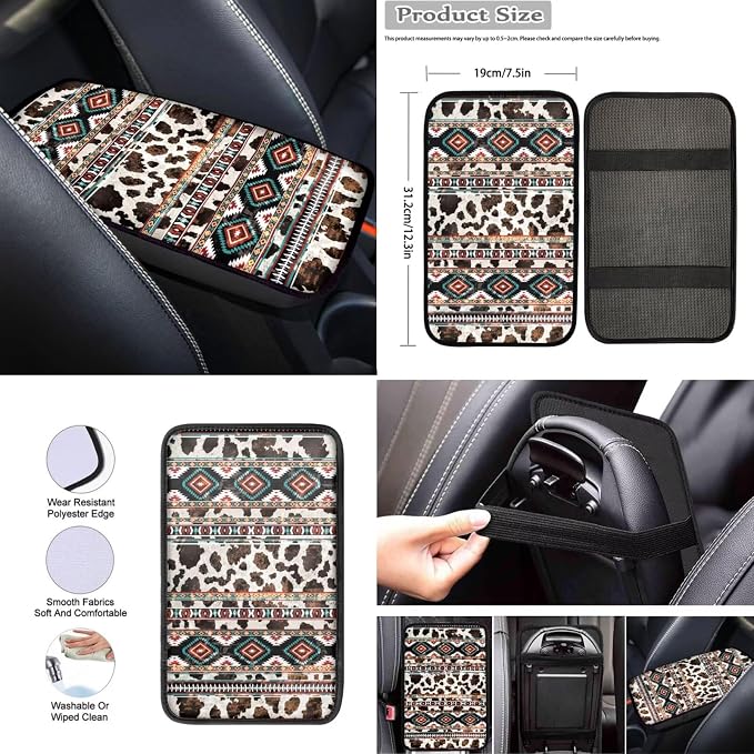 Wanyint Car Seat Covers Set 12 Pieces for Women, Soft Auto Seat Protector Steering Wheel Seat Belt Armrest Pad Handbrake Gear Shift Cover Coasters Car Interior Decor, Aztec Navajo Cow Print