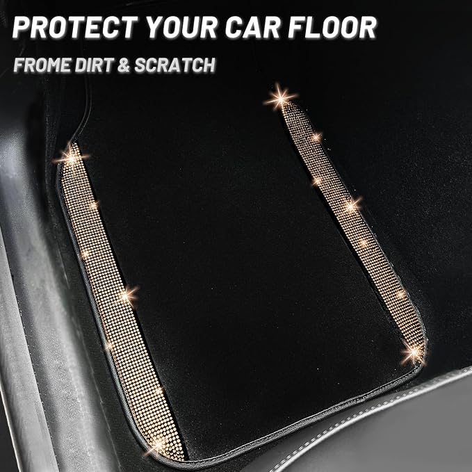 NBTEPEM Bling Car Floor Mats Full Set, Universal Fit Most Cars,SUV, Trucks, 4 pcs Sparkle Glitter Diamond Carpet for Women Girls with Anti-Slip Pad (Champagne Diamond)
