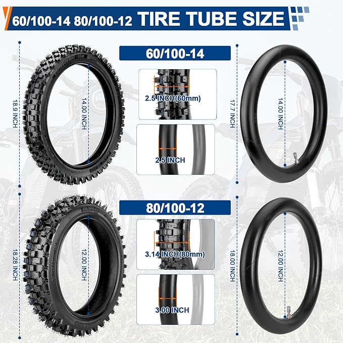Rear 80/100-12 3.00-12 Front 60/100-14 2.50-14 Dirt Bike Tire and Inner Tube for Tuttio Soleil01 Honda XR70 CRF70 CRF110 KLX110 PW80 TTR90 DRZ110 SSR 125cc 110cc Dirt Bike Off Road Motocross Parts