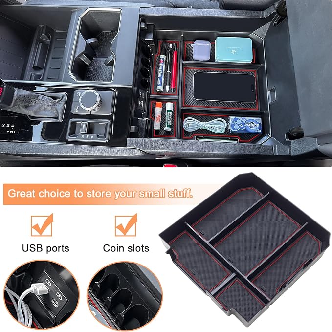 TOPINSTALL Red Center Console Tray and Rubber Liners Compatible with 2022 2023 2024 Tundra Accessories, Anti-Dust Dress Up The Interior