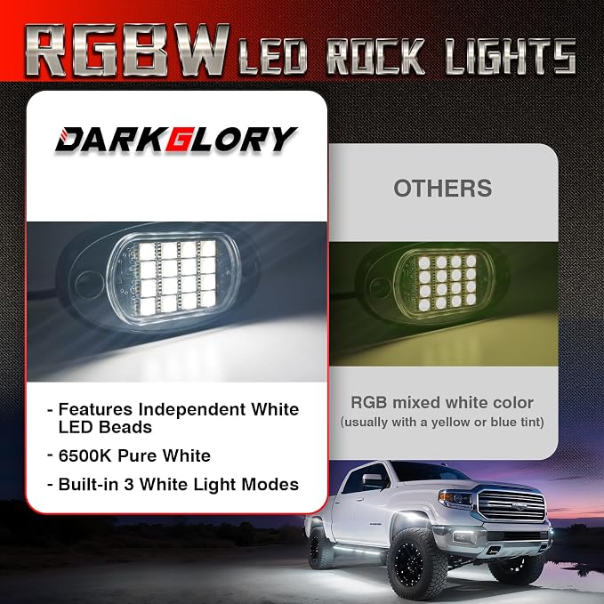 8 Pods RGBW LED Rock Lights, 6500K Bright Pure White & Vibrant RGB Underglow Lights Kit for Truck Off Road ATV UTV Golf Cart RZR, Waterproof Underbody Rock Light App/RF Remote Brake Music Sync, 12V