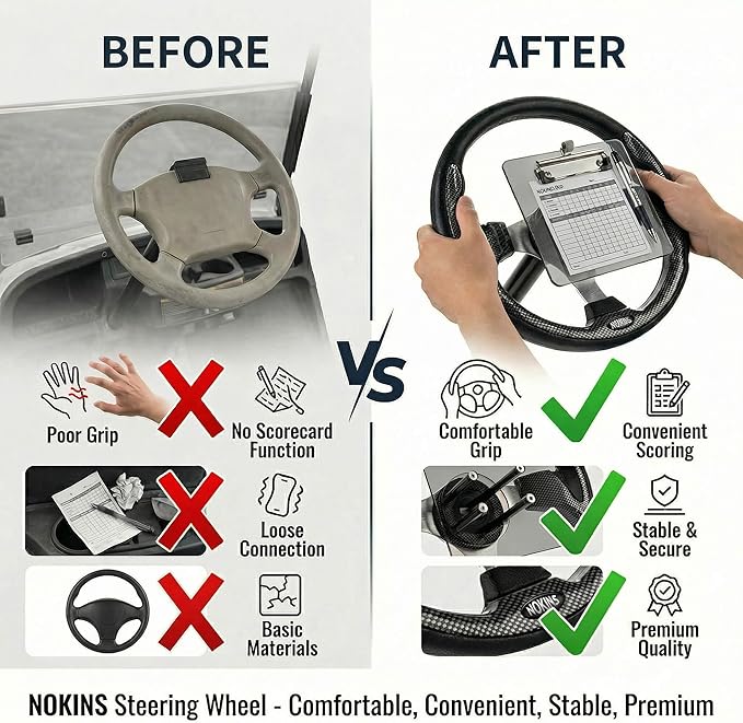 NOKINS 12.5" Universal Golf Cart Steering Wheel&Scorecard Holder, Fit EZGO TXT/RXV/Club Car DS/Precedent/Yamaha, Most Golf Carts (Carbon Fiber Black)