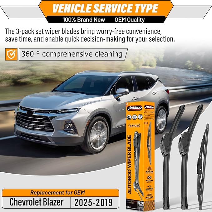 OEM Windshield Wiper Blade Replacement for Chevy Blazer 2019-2021 2022 2023 2024 2025 Original Equipment All-Season Rear Wiper Blade Set 24+18+12 (Set of 3)
