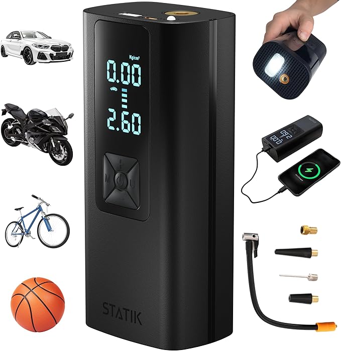 STATIK TireHero Car Tire Inflator Portable Air Compressor - 150 PSI, Electric Air Pump for balls, Bike Pump, Inflatables, Paddleboard, Air Mattress, Car Emergency Safety Kit w/Flashlight