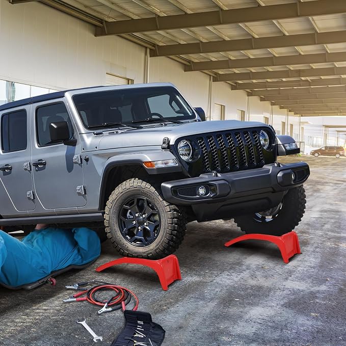 Garvee 8 in Lift Solid Steel Car Ramp 8000 LBS Capacity, 2000 LBS Per Ramps, Heavy Duty Truck Ramps for Car Repair or Vehicle Maintenance, 2 Pack Car Ramps, Red