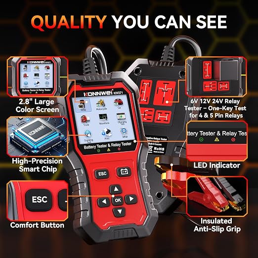 KONNWEI KW371 Battery Tester & Relay Tester | Tests 6V/12V/24V car batteries (AGM/GEL/EFB/Lithium) & 4/5-pin automotive relays. Checks CCA, charging & starting system.