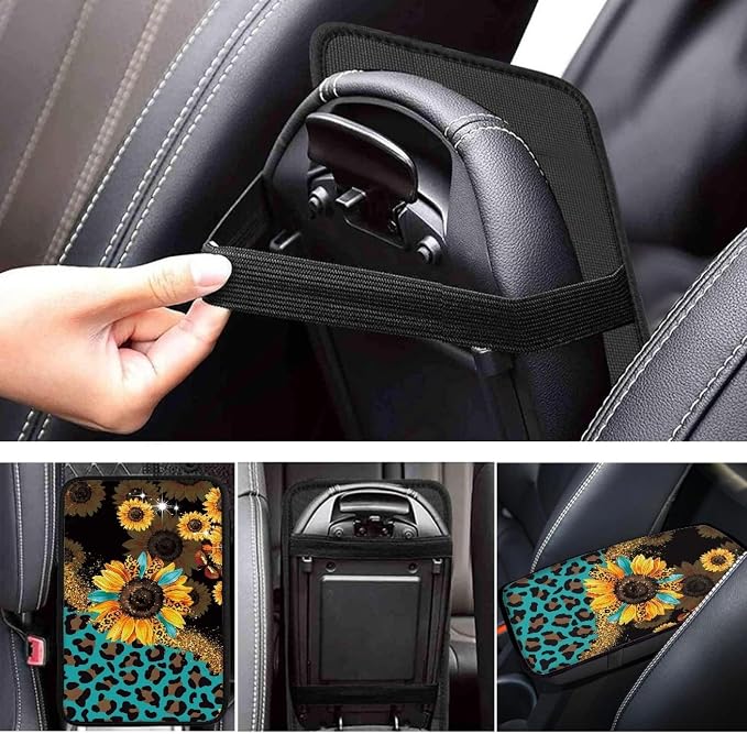 Wanyint Leopard Sunflower Print Car Seat Cover Split Covers for Women Men,Car Steering Wheel Cover Seatbelt Strap Shoulder Cover Coasters Armrest Pad Handbrake Cover Gear Shift Cover