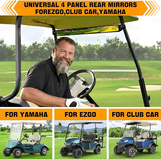 No Drilling Golf Cart Rear View Mirror, 4 Panel Wide Angle Golf Cart Rearview mirror Fit for Club Car, Yamaha, EZGO True Panoramic View with No Blind Spots