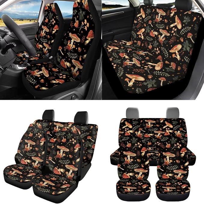 8 Pcs Forest Mushroom Car Seat Covers Full Set Car Accessories for Women Front Seat Cover Steering Wheel Armrest Cover Seat Belt Cover for Auto SUV Interior Decoration