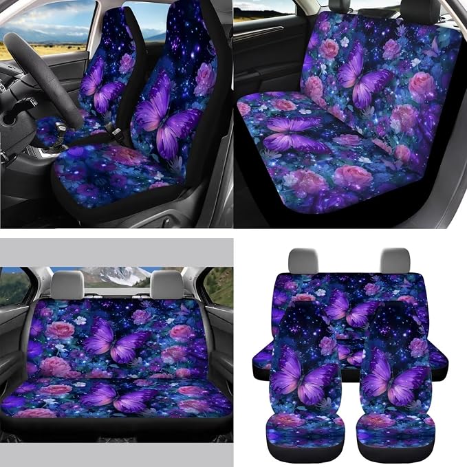Purple Rose Butterfly Car Seat Covers Full Set for Women Cute Car Accessories Seat Cover with Wheel Cover Seatbelt Covers Car Coasters Trash Can Car Headrest Pillow Covers Armrest Pad