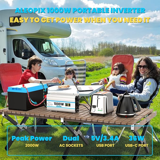 1000W Car Inverter 12V to 110V DC to AC Power Inverters for Vehicles with 2 AC Outlets/36W PD USB-C/18W QC USB-A Fast Charging/Cigarette Lighter/LED Display/100A Cables 1000 Watt Inverter