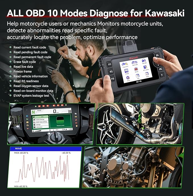 Motorcycle Bidirectional Diagnostic Scan Tool for Kawasaki, iCarsoft MT V6 All System Motor OBD2 Scanner- All Actuation Tests, Special Functions, Battery Test, Also for Car OBD2 Diagnose-Upgraded Ver