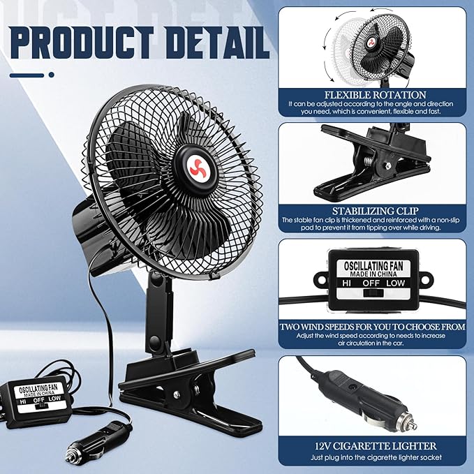 Tujoe 7" Portable Car Fan with Cigarette Lighter Electric Cooling - 12 Volt Oscillating Automobile Fan, 360 Degree Swivel with Clip for Truck Camping Supplies, Black (2 Pcs)