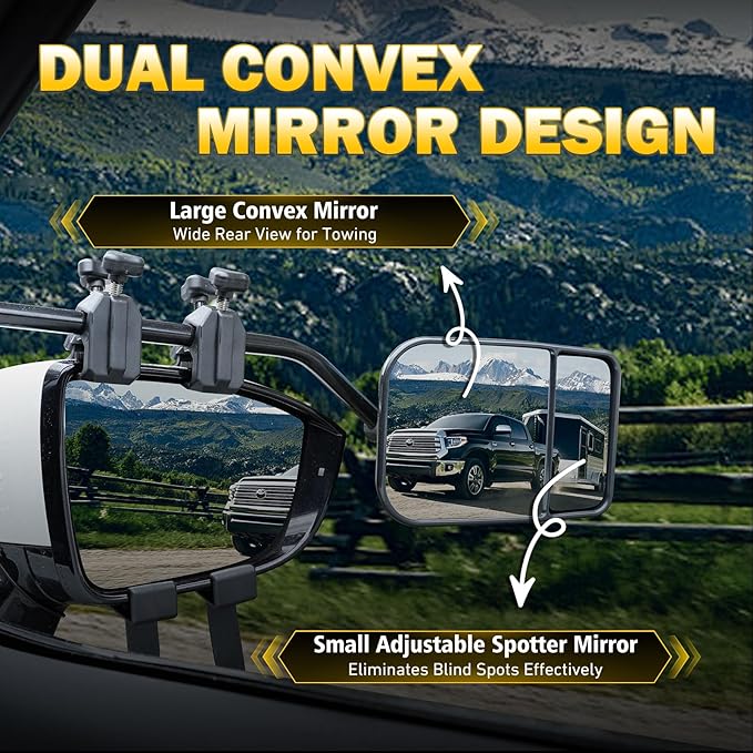Universal Clip on Towing Mirrors Extensions for Towing, 360 Degree Adjustable Rotation Side Mirror Extenders for Towing, Convex Rearview Mirror, Tow Mirrors for Car Truck Trailer RV SUV, 2 Pack