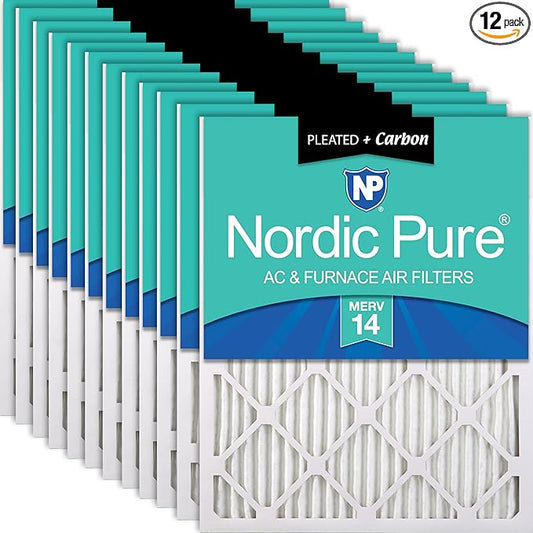 Nordic Pure 12x20x1 (Actual Size: 11 1/2 x 19 1/2 x 3/4) Pleated Air Filters MERV 14 Plus Carbon 12 Pack