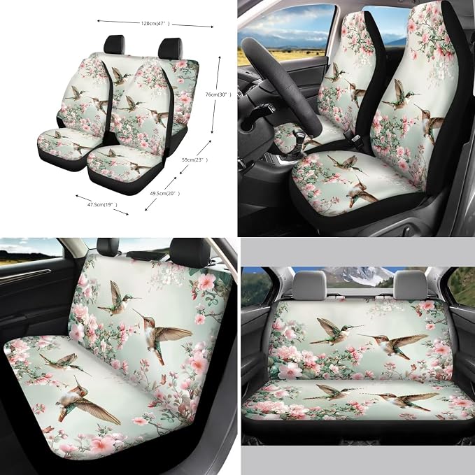 Suobstales Hummingbird Floral Print Car Seat Cover Set Interior Accessories Bucket Seat Cover Rear Split Bench Protection with Steering Wheel Cover,Seat Belt Cover Coaster,Keychains Fits Most Vehicles