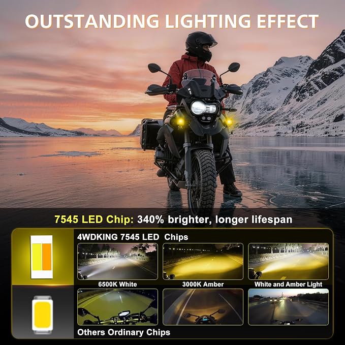 4WDKING 2 Inch Motorcycle Fog Lights, Dual Color LED Pods with Blue Backlight, Offroad Auxiliary Driving Lights, 10000 Lumens Spot & Flood Beams, IP68 Waterproof for ATV UTV SUV Truck Boat, 2 Pack