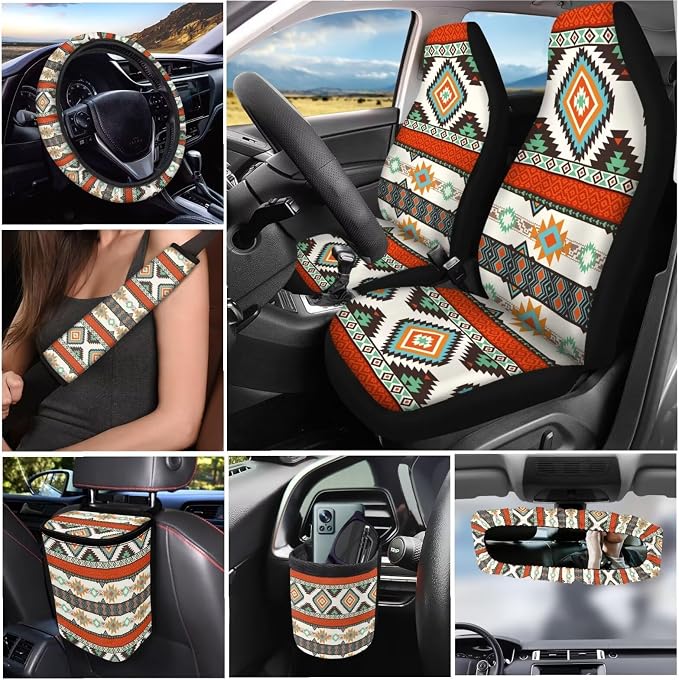 XYZCANDO Ethnic Tribe Auto Seat Cover Sets 15 PCS Car Seat Cover Set Car Rear View Mirror Cover Steering Wheel Cover Seat Belt Pads Cover Garbage Bag Storage Box Coasters Keychain Fit Most Cars