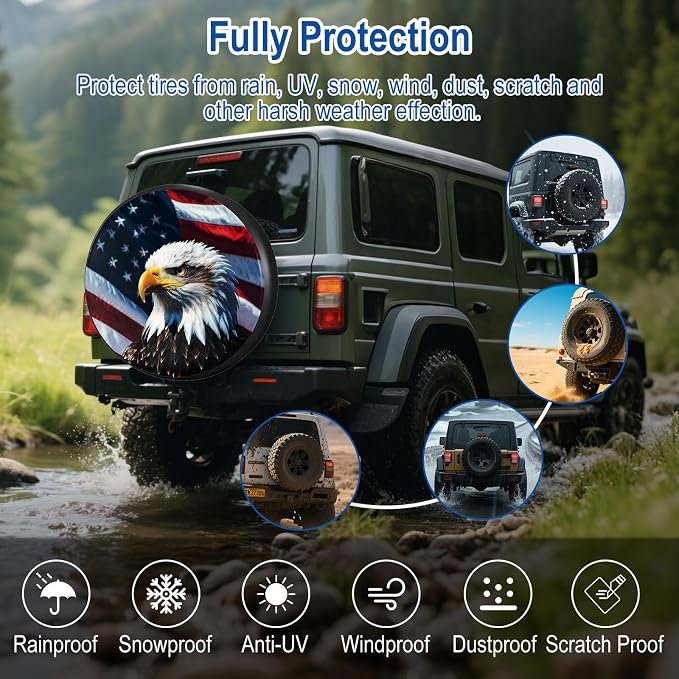 RV Spare Tire Cover with American Eagle USA Flag, Trailer Tire Covers PVC Leather for Truck SUV Wrangler Camper Vehicle Wheel Cover Waterproof Sun Dust Protection 15 inch