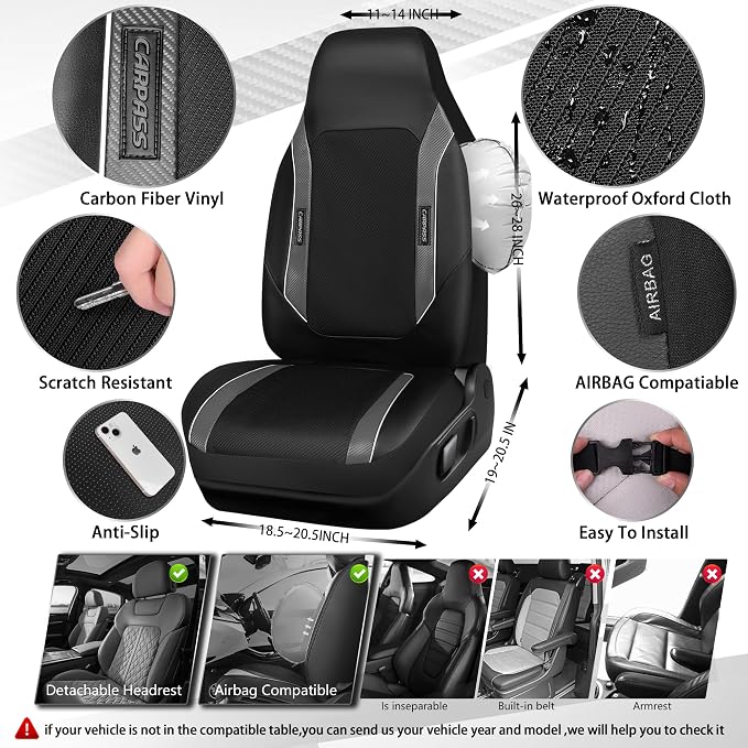 CAR PASS High Back Car Seat Cover Two Front Seats, Sporty Carbon Fiber 3D Waterproof Oxford Luxury Leather All Weather Bucket Seat Cover, Airbag Compatible Universal Fit Car Suv Sedan Truck Black Gray