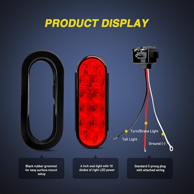 Nilight - TL-01 6" Oval Red LED Tail 2PCS w/Surface Mount Grommets Plugs IP65 Waterproof Stop Brake Turn Trailer Lights for RV Truck Jeep
