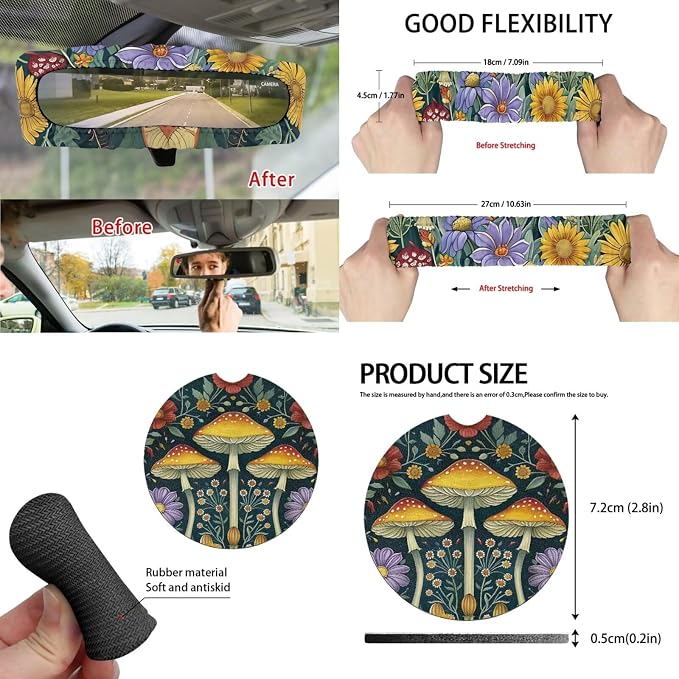 15 Pcs Forest Mushroom Auto Interior Accessories Car Seat Covers with Auto Steering Wheel Cover Seat Belt Covers Car Trash Can View Mirror Cover Coaster Keychains