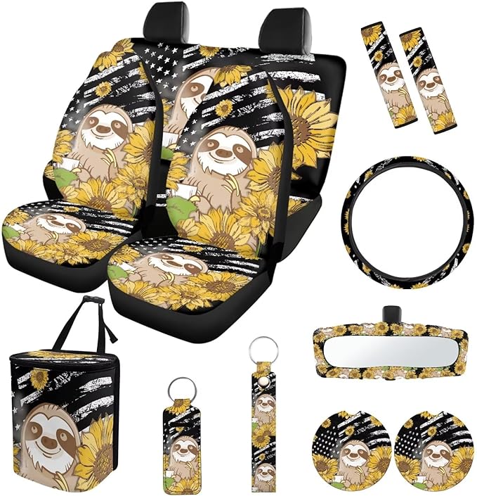 Suobstales Sloth Sunflower American Flag Print Car Accessories Set of 13, Car Front & Rear Seat Covers with Steering Wheel Cover, Seat Belt Pad, Trash Can, Rearview Mirror Cover, Coaster, Keychains
