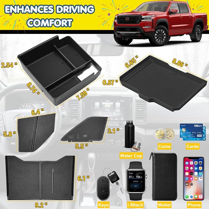 Center Console Organizer for 2022-2026 Nissan Frontier Pro-4X/S/SV/SL | Armrest Tray, Secondary Storage Box, Glove Box Insert - 3-Piece Set, Drop-in Install, Expands Interior Storage Space