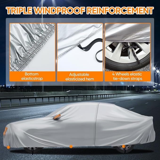 NEVERLAND Sedan Car Cover Waterproof Heavy Duty All Weather Protection Snow Anti-UV Windproof Outdoor Full Car Cover Fit for Automobiles BMW/Mercedes-Benz/Honda (172-183 inch)