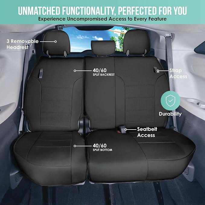 FH Group Custom Fit Car Seat Covers Specifically Made for 2021-2024 Toyota Sienna 7-8 Seater, Faux Leather Automotive Seat Covers - 3rd Row Black