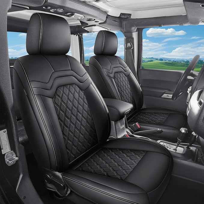 Huidasource F150 Front Seat Covers Fit for Ford F150 2015-2026 & F250 F350 F450 2017-2026 All Cab XL XLT Lariat King Ranch Platinum, 360° Full-wrap Leather Automotive Car Seat Covers, Black