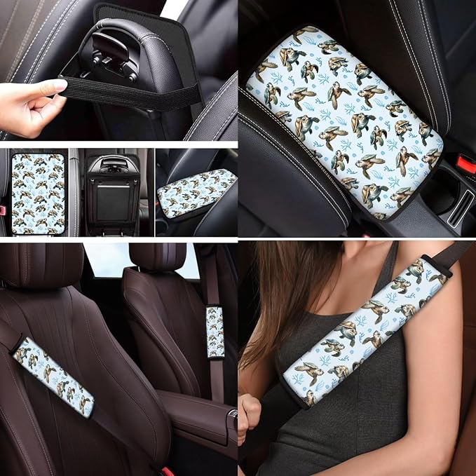 Mumeson Turtle Print Car Accessories Set for Womens Car Seat Covers with Steering Wheel Cover/Seat Belt Pads/Auto Armrest Cushion Full Set 8 Pack Interior Decoration