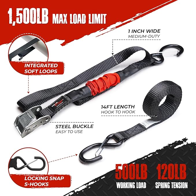 TorkStrap M500 | 14' x 1'' Self Tensioning Tie Down Straps - Automatically Adapt to Load Shifts - 1,500LB Break Strength - Pull Alternative to Ratchet Straps - Integrated Soft Loops & Hooks (4-PK)