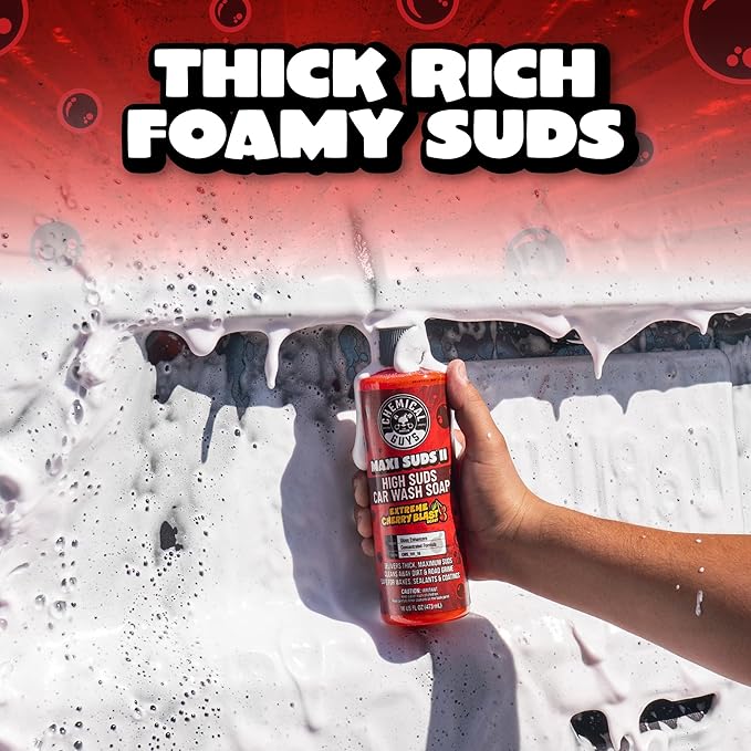 Chemical Guys Maxi Suds II Cherry Scent Car Wash Soap and Chenille Microfiber Wash Mitt Bundle, High Foam Shampoo for Foam Cannons, Guns, and Buckets, Safe for All Paint - 64 Fl Oz
