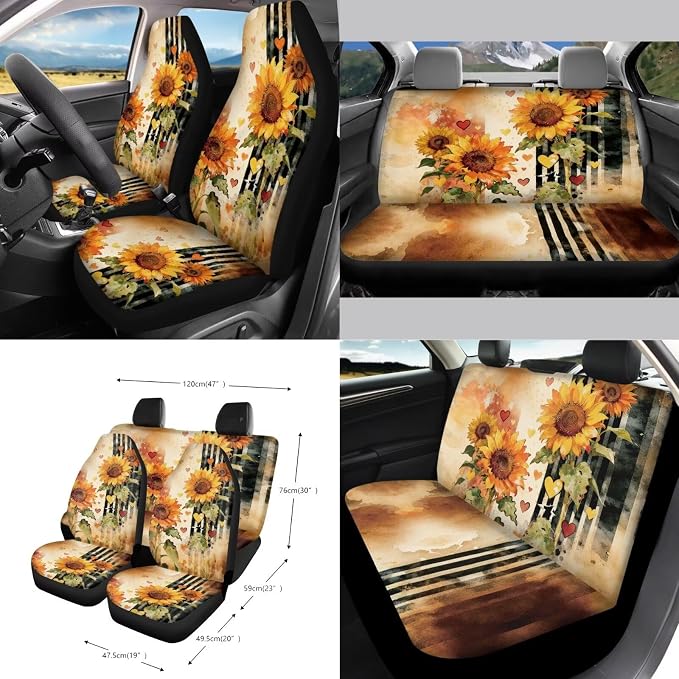 Sunflower Print Car Interior Covers Full Set of 15 Decorative Car Front Rear Seat Covers Steering Wheel Cover Safety Belt Pads Rearview Mirror Cover Garbage Bag Keychain