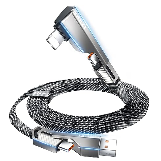 SHEZI 4-in-1 USB C Cable 3FT Compatible with Lightning Cable 90 Degree, [Fast Charging&Data Transfer] Flat Nylon Braided Charger Cord Combo, USB A/C to C/L Multi Charge Cable for iPhone/iPad
