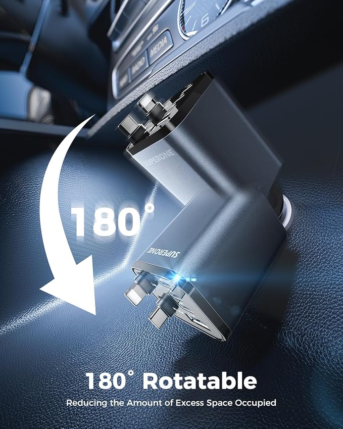 Upgraded SUPERONE Retractable Car Charger, [Ultra-Compact] 6-Port Car Charger USB C, iPhone Car Chargers Fast Charging with USB C & Apple Cable, RV Power Adapter for iPhone 17/16/15/14/13/12