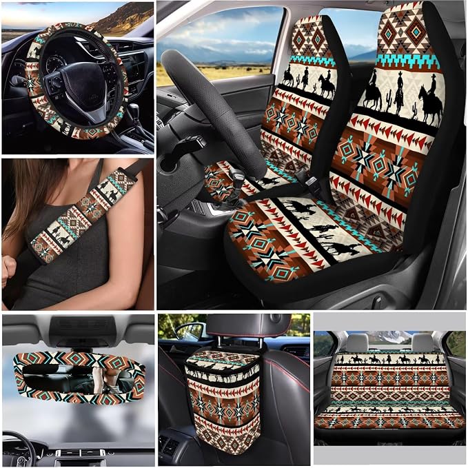 Aztec West Automobile Seat Cover Set with Car Seat Belt Pad Cover Steering Wheel Cover Car Trash Can Keychains Keychain Holder Car Cup Coasters ，12 Pack Fashion Auto Interior