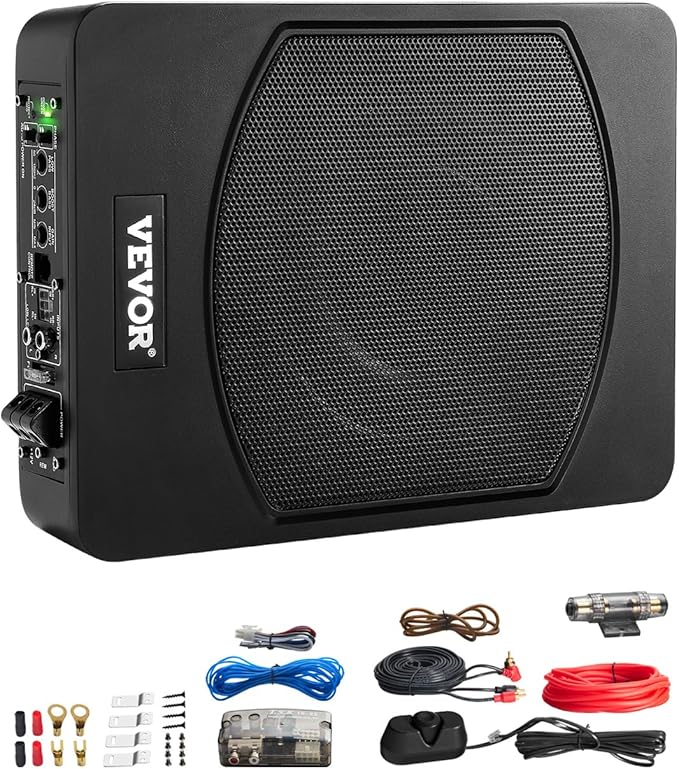 VEVOR 10" 240W Underseat Car Subwoofer, Slim Powered Car Subwoofers Under The Seat, Low Profile Audio Sub Built-in Amplifier, High/Low Level Input & Volume Controller for SUVs, Car, Truck, RV