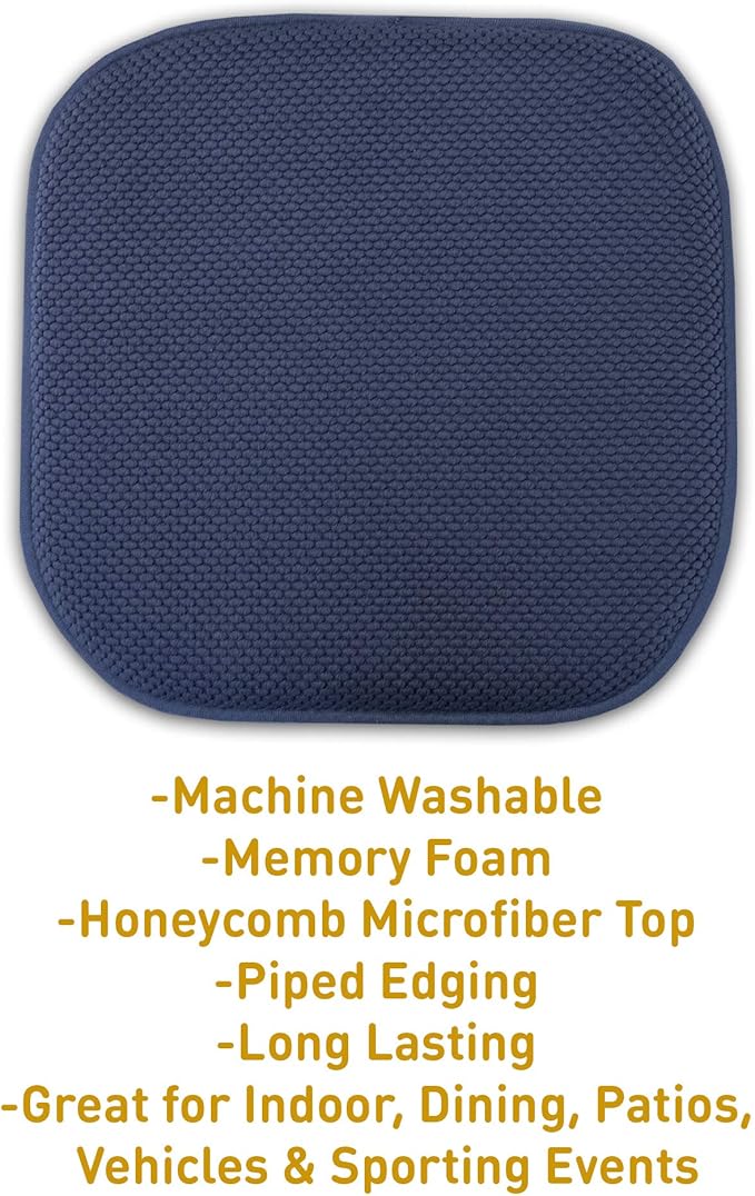 Sweet Home Collection Memory Foam Chair Cushion Honeycomb Pattern Solid Color Slip Non Skid Rubber Back Ultimate Comfort and Softness Rounded Square 16" x 16" Seat Cover, 4 Pack, Navy 4 Piece