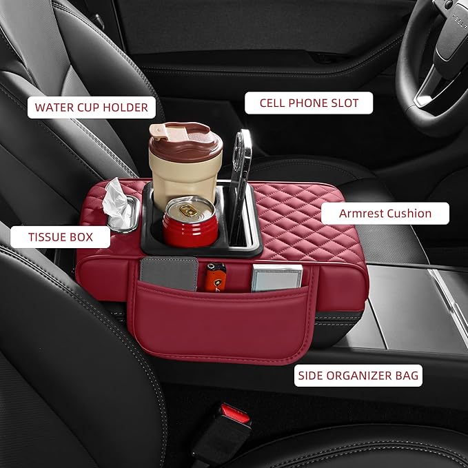 5 in 1 Nappa Leather Console Armrest Cover, Burgundy | Built-in cup holder, tissue slot, phone holder & 2 storage pockets, practical car accessories fit SUV sedan truck