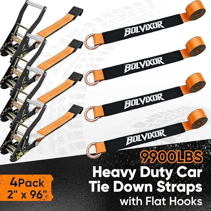 4 Pack Car Tie Down Straps for Trailers - 2" x 96" - 9900LBS Break Strength - Heavy Duty Tire Ratchet Straps with Flat Hooks for Hauling UTV, SUV, Truck, Any Cars